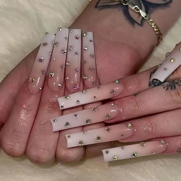 24pcs Sparkling Pink Gradient Rhinestone Press-On Nails for Women and Girls - Picture 1 of 7